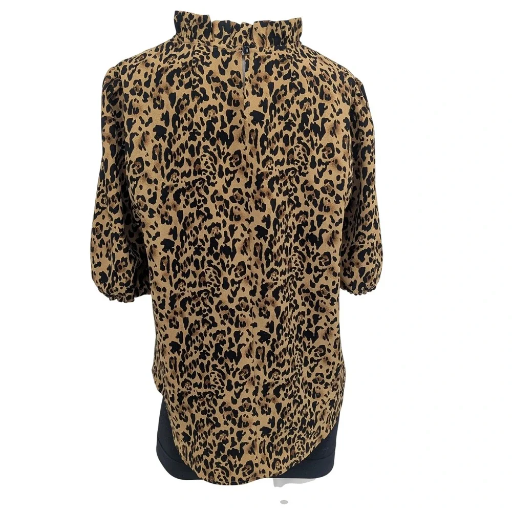 J Crew Leopard Print Ruffle Mock Neck Top Puff Sleeve Office Feminine Chic Small
